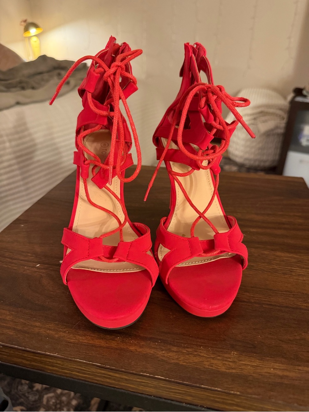 TOP Moda Red Lace-Up Bow Heel Sandals